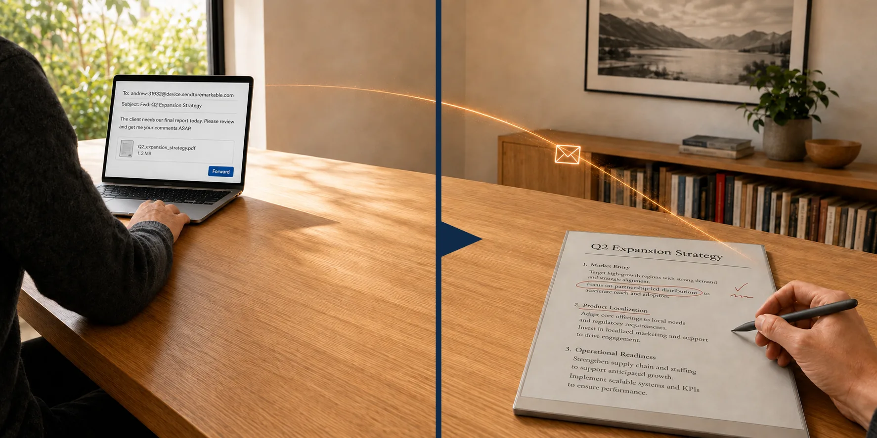 A document forwarded from a laptop arriving on a reMarkable tablet, where it is being annotated by hand